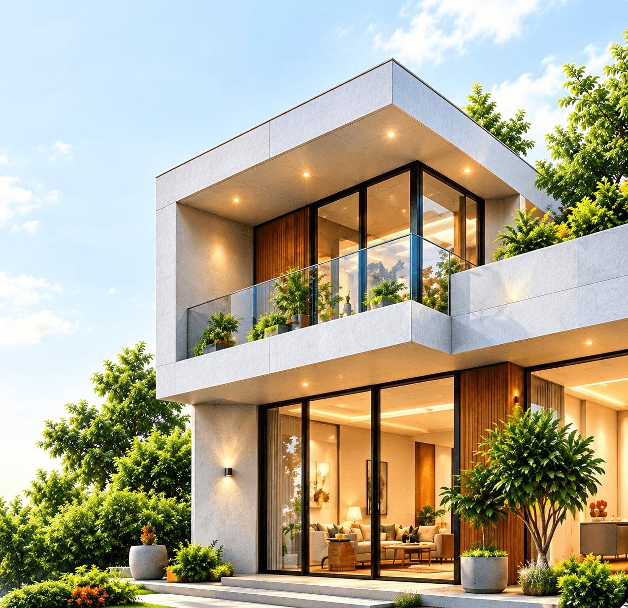 Modern two-storey home with glass balcony surrounded by trees